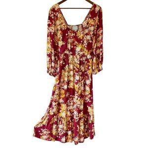 Skies Are Blue Maxi Peasant Dress Burgundy Floral Tiered Skirt Balloon Sleeve S